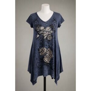 Y2K Party Womens Blue Acid Wash Rhinestone Rose Heart Tunic Top Medium Grunge